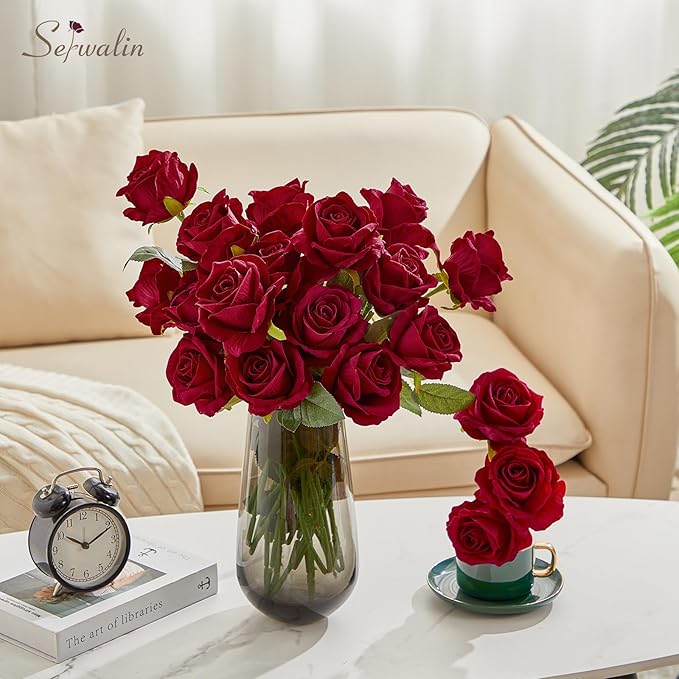 Serwalin 20pcs Red Roses Artificial Flowers, 4'' Big Velvet Flower Head Fake Roses, Realistic Silk Roses Bouquet Long Stems for Wedding Home Decor and Table Centerpiece