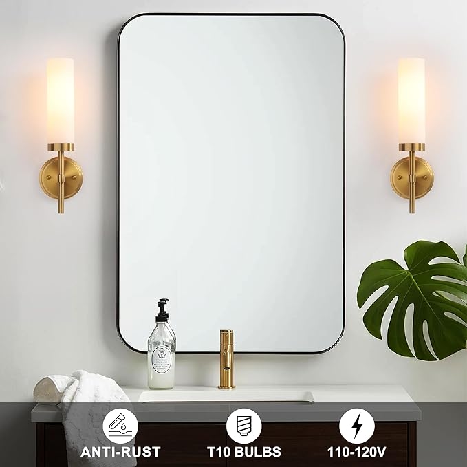 Wall Sconces Set of Two,Brass Gold Bathroom Sconces Wall Lighting with White Glass, Modern Sconces Wall Decor Set of 2 Wall Light fixtures for Bathroom Mirror Living Room Hallway Bedroom Wall Lamp