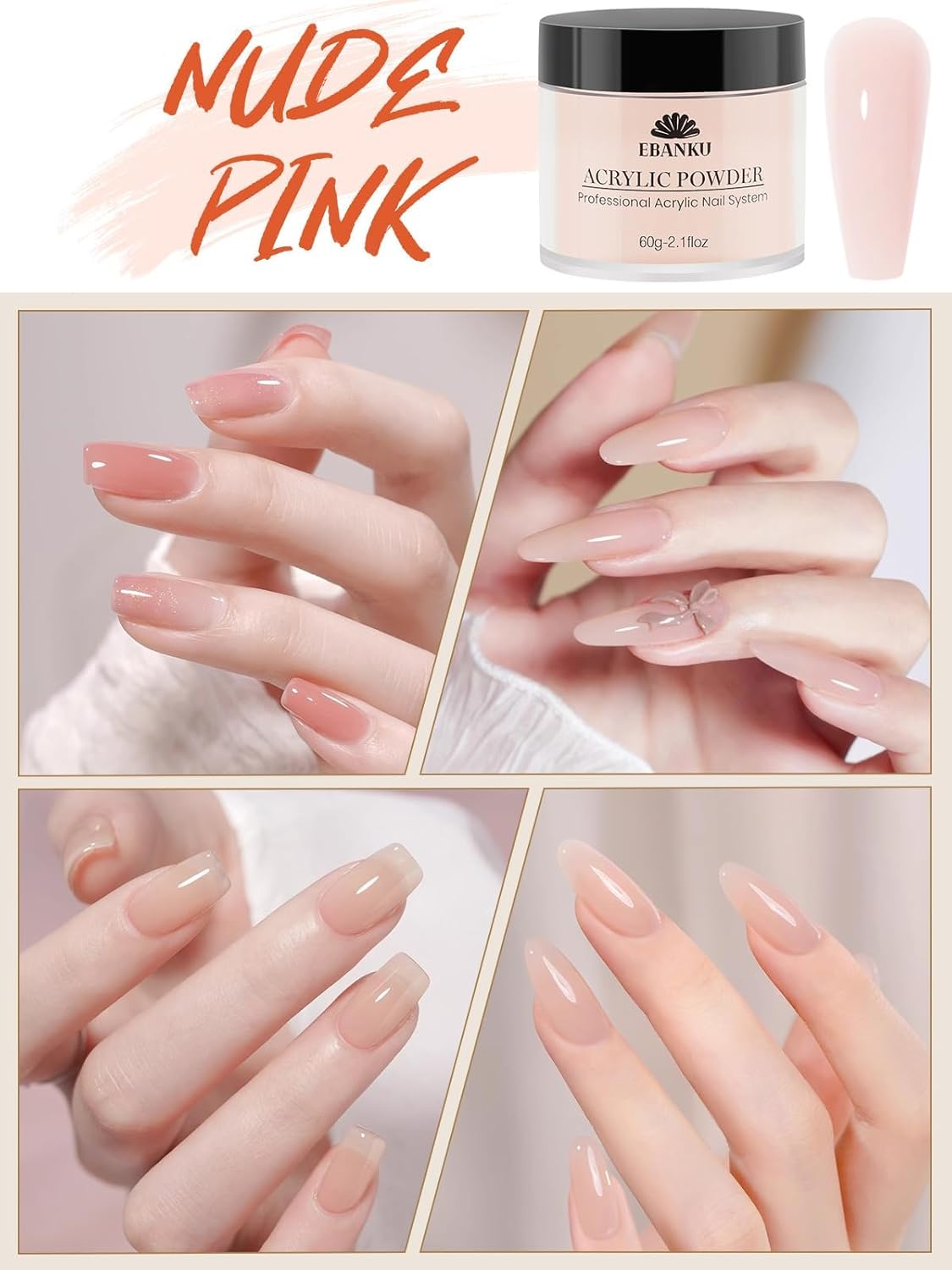 EBANKU Acrylic Nail Powder Set, Nude Pink Acrylic Powder for Nail Extension, Carving | Colored Acrylic Nail Powders for French Nail Extension, Gifts for Women (2 * 60G)