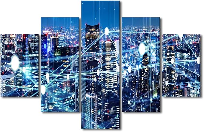 City Night Landscape Picture Modern Canvas Art Internet Companies Wall Decorate Big Data Worker Office Decorate Native Americans Home Decoration 5 Panel Poster Stretched Ready to Hang 60x40 Inch