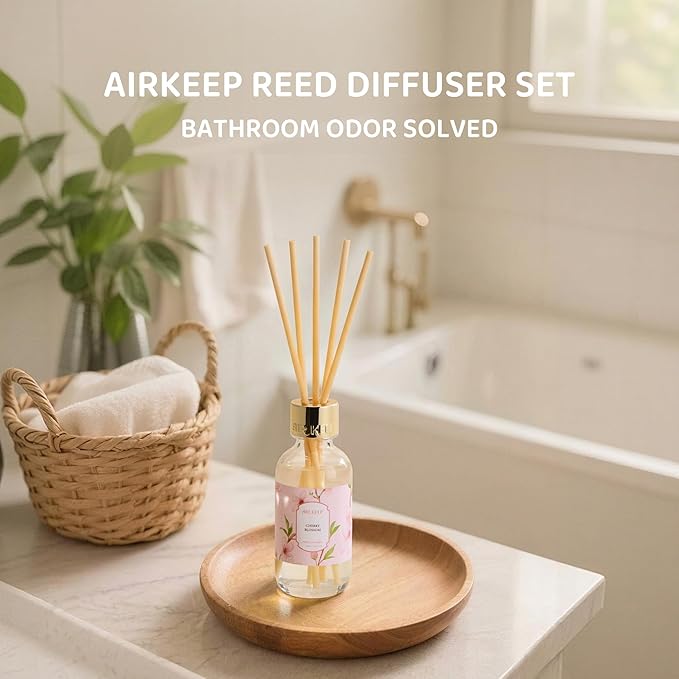 Airkeep Reed Diffuser Oil Set with Reed Sticks,Cherry Blossom Aromatherapy Oil Scent Diffuser for Home Office Bathroom Decoration Perfume and Gifts 3.38 oz/100ml