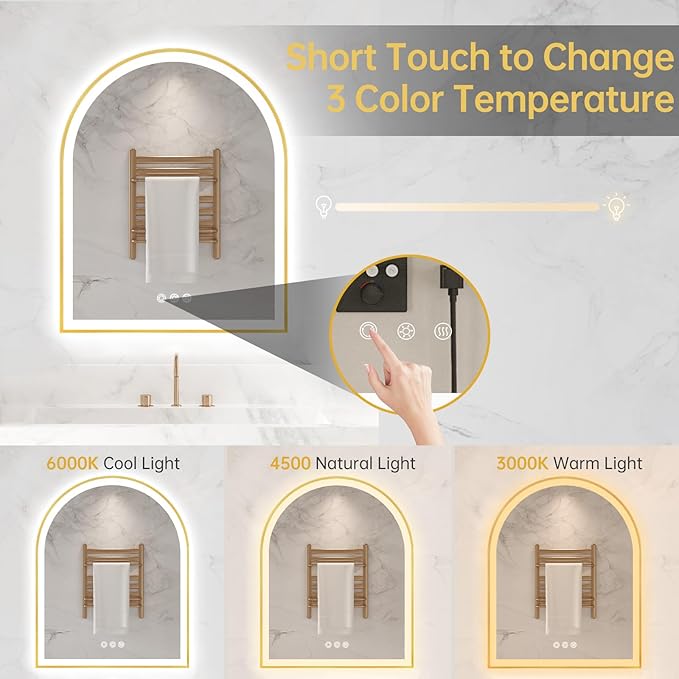 Arched LED Mirror for Bathroom 24"x30", Brushed Gold Lighted Bathroom Mirror with Lights, Fogless, Dimmable, Shatterproof, Touch Sensor, 3 Color Changing