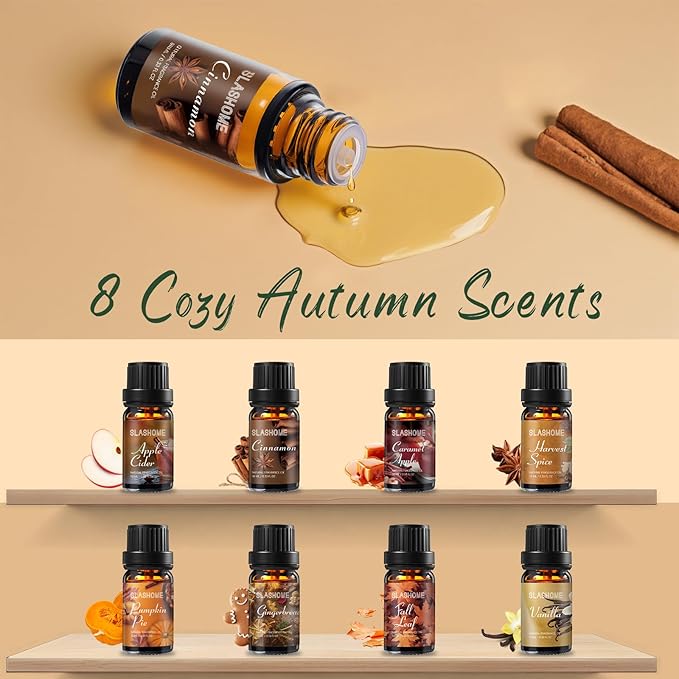 Fall Essential Oils Set-8×10ML，Essential Oils for Diffusers for Home, ragrance Oil for Candle, Cinnamon,Apple CiderF,Pumpkin Pe,Vanilla,Hawest Spice,More, Aromatherapy Gift Set for Women & Men