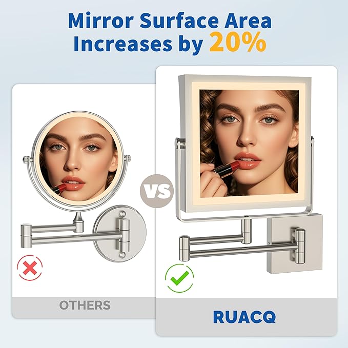 Ruacq Rechargeable Wall Mounted Makeup Mirror with Lights, Double Sided 1X/10X Magnifying Vanity Mirror with 3 Color Light, Touch Screen Dimmable, 360° Rotation Extension Foldable Arm(Brushed Nickel)