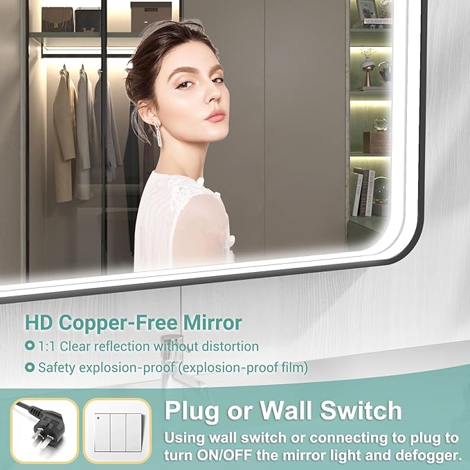 55x32 Inch LED Bathroom Mirror with Lights, Black Metal Framed LED Mirror for Bathroom, 3 Colors and Stepless Dimmable Wall Mounted Lighted Bathroom Vanity Mirror, Anti-Fog, Memory
