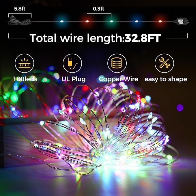 33 Ft. Fairy Lights, 100 LED Waterproof Copper Wire Firefly String Lights, Multi Color, Adapter Included, Starry String Lights for Indoor Outdoor Christmas Patio Wedding Decoration(1 Pack)