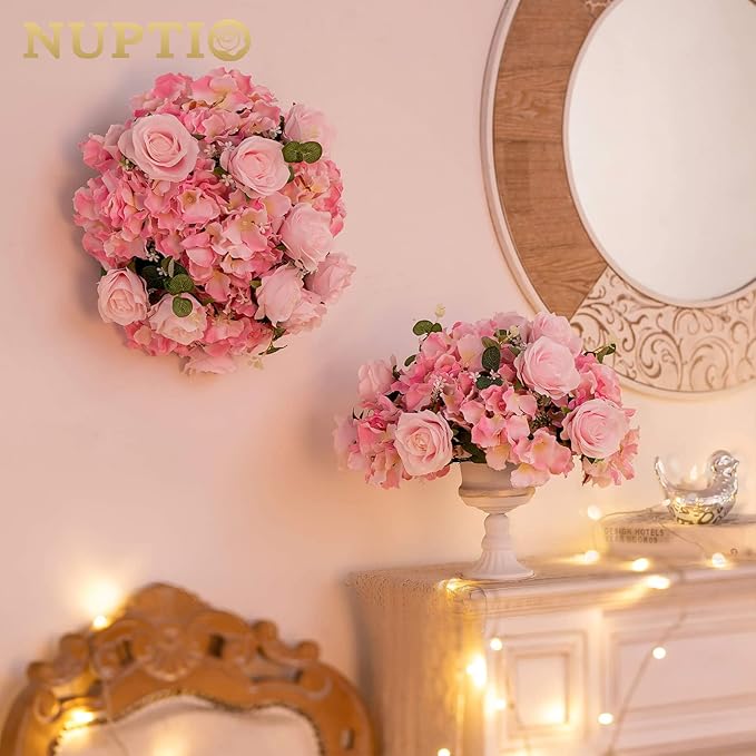 NUPTIO Flower Balls for Wedding Centerpieces - 10 Pcs 15.7 inch Diameter Fake Flower Ball Arrangement Bouquet Party Centerpieces for Tables - Pink Rose Bouquet Centerpiece Flowers for Wedding Table