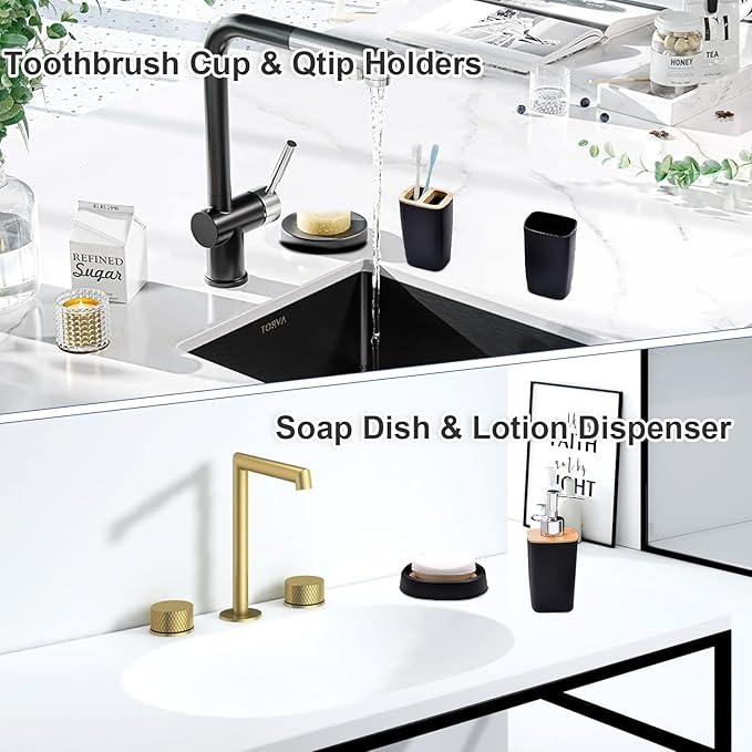 Black Bathroom Accessories Set, 9-Piece Modern Bathroom Accessory Kit with Soap Dispenser, Toothbrush Holder, Mouthwash Cup, 2 Qtip Holders, Trash Can, Soap Dish, Toilet Brush & Vanity Tray