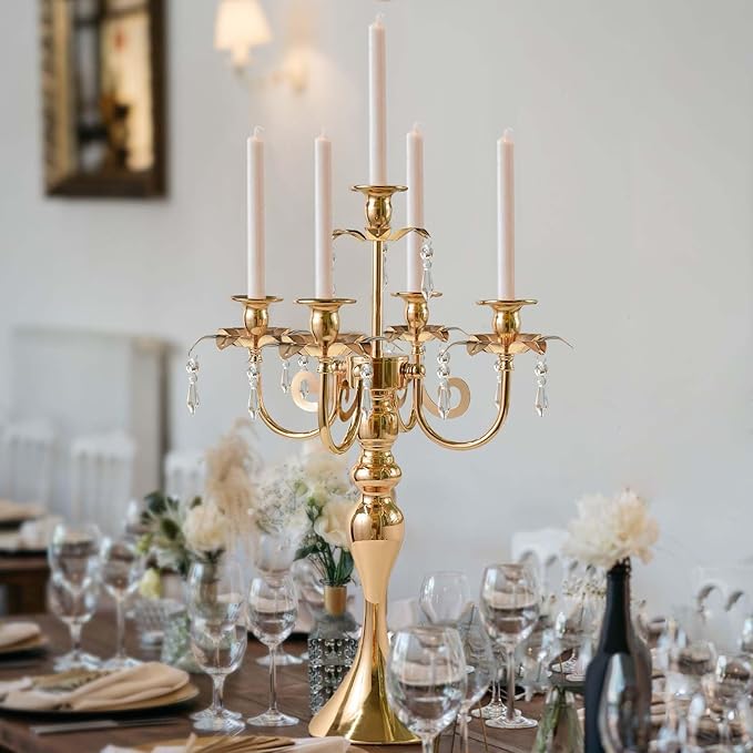 20.3'' Tall 5 Arm Candelabra Centerpiece for Table, Metal Elegant Candle Holder, Retro Candlestick Table Centerpieces for Party, Events, Home, Wedding Decor (4, Gold)