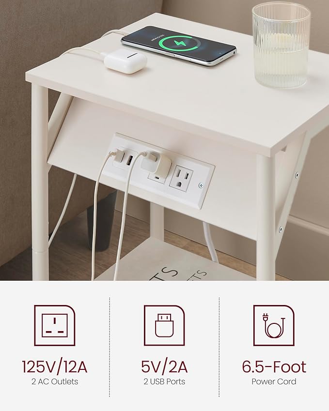 VASAGLE End Table with Charging Station, Set of 2, Small Side Tables for Living Room, Bedroom, Nightstand with Outlets and USB Ports, Bedside Table with Storage Shelf, Cream White