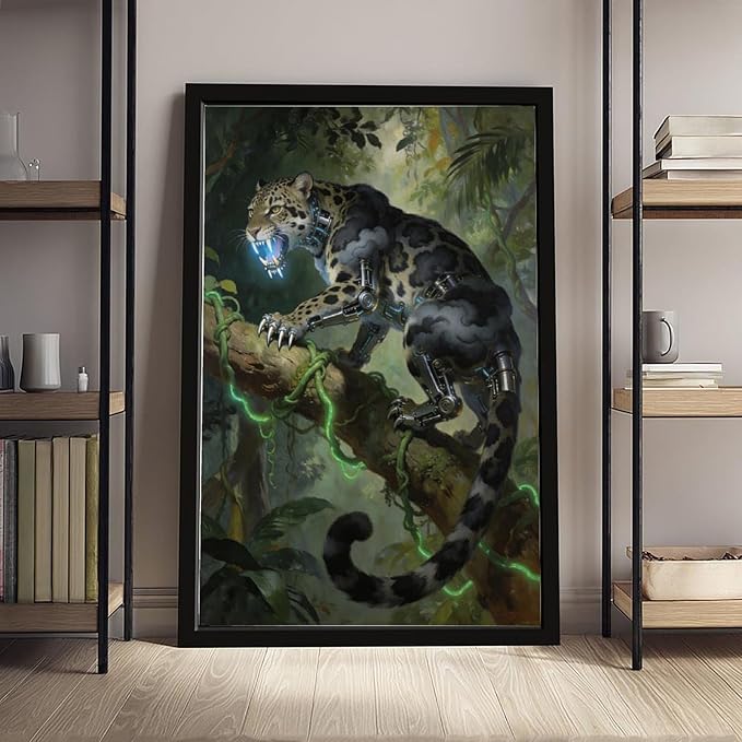 Framed Steampunk Mechanical Leopard Wall Art - Jungle Futuristic Beast Poster for Man Cave Living Room Decor 12x18in