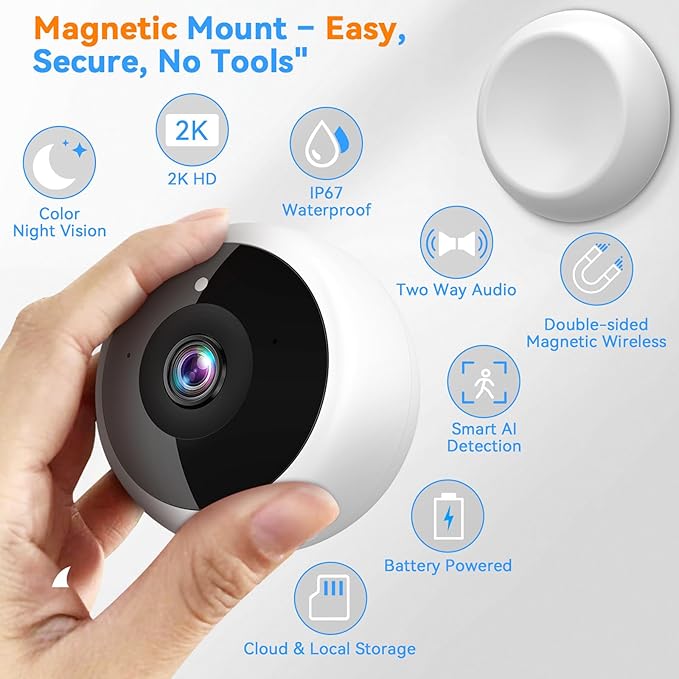 Magnetic Security Camera Wireless - 2Pack AI Motion Detection, 2K HD Video, Battery Powered, Ease of Setup, 2-Way Audio,IR Color Night Vision, Waterproof, Outdoor & Indoor Surveillance