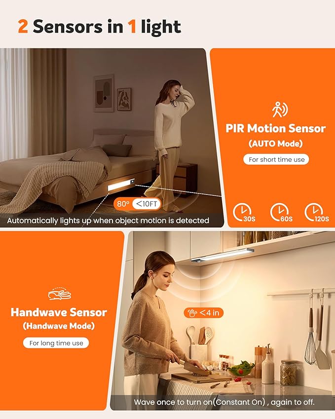 ALUSSO LIGHTING 80 LED Wireless Under Cabinet Lighting with Motion & Hand Wave Sensor, 3CCT Dimmable Magnetic Closet Lights, Rechargeable Battery Operated Under Counter Lights for Kitchen, 4 Pack