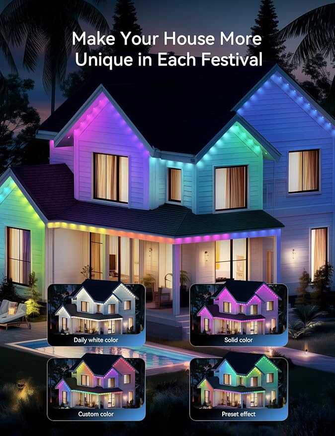Permanent Outdoor Lights for House -Eaves Lights 150FT with 75 IC+RGBCW LED IP67 Waterproof, Smart Outside LED Christmas Light with App/Remote, Eternity Lighting for Holiday/Daily