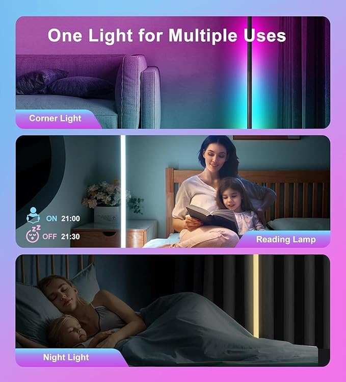 RGB LED Floor Lamp, RGB LED Corner Lamp with Music Sync, Remote Control Color Changing Ambience Light, 16 Million DIY Colors Timer Setting for Living Rooms, Bedrooms and Gaming Rooms
