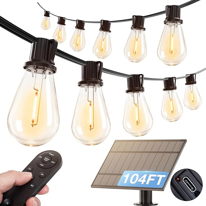 addlon 104FT(96FT+8) Solar String Lights Outdoor Waterproof with USB Port & Remote Control Solar Patio Lights for Outside Solar Powered with 52 LED Dimmable Bulbs for Porch Garden Deck Halloween