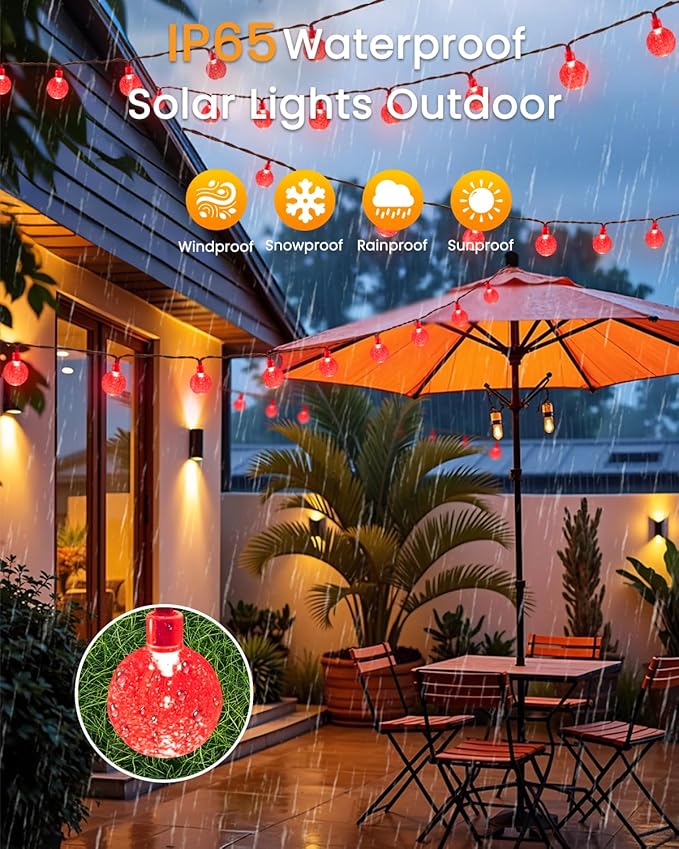 2-Pack 100 LED Red Solar String Lights Outdoor - 64FT Crystal Globe Waterproof Solar Powered Lights for Outside with 8 Lighting Modes for Patio Decorations, Garden, Party, Porch, Wedding, Yard