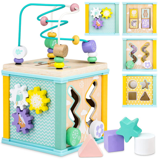 Wooden Activity Cube Montessori Toys for 1 2 3 Year Old Baby Toys 12 Months Toddlers 1-3 Birthday Gift Boys Girls Sensory Interactive Learning Toys