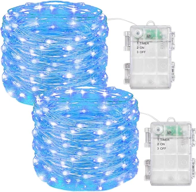Christmas String Lights Waterproof 100 LED Battery Operated Fairy Lights Indoor Outdoor for Wedding Home Party Christmas Holiday 2PC (Blue)