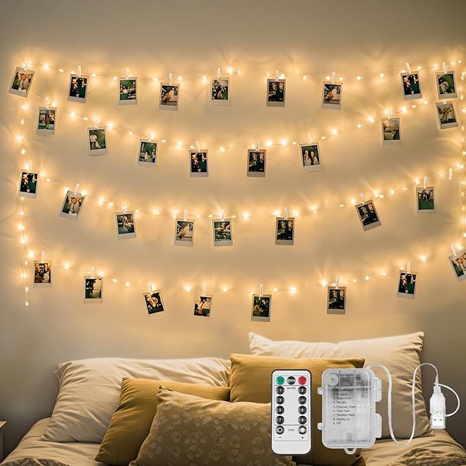 SUDDUS 16ft 50LED Fairy Lights with 22 Clips, Battery/USB Operated Photo Twinkle Lights with Remote Control & Timer, Waterproof Indoor Outdoor String Lights for Wedding Bedroom Dorm Decor (Warm White)