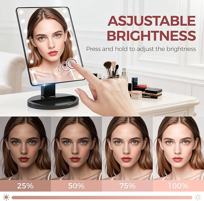KOOKIN Lighted Vanity Makeup Mirror Led Lights 180 Degree Rotation Lighted Mirror Touch Screen Adjusted Brightness Desk Mirrors USB Dual Supply Bathroom Beauty Cosmetic Mirrors (Black)