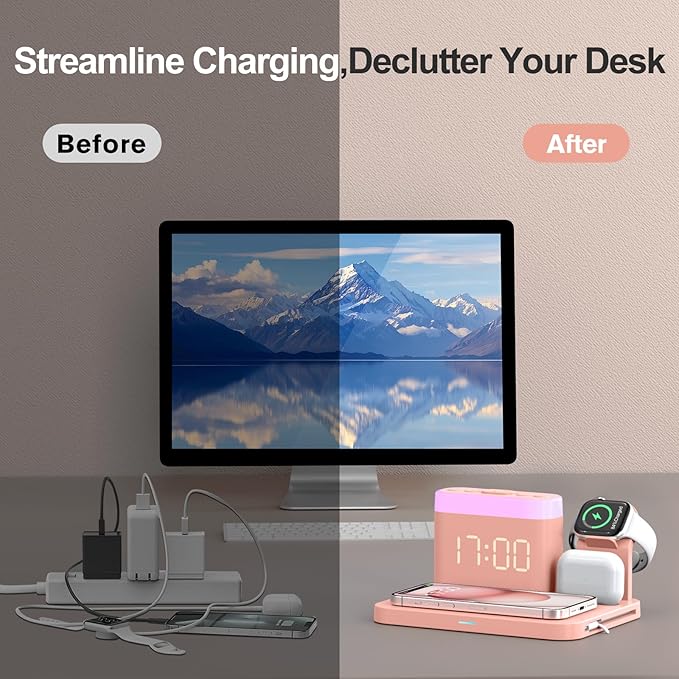 ANJANK 5 in 1 Wireless Charging Station with Alarm Clock,7 Night Light & 0-100% Dimmer,Qi Mag-Safe Charger Stand for Apple Devices - for iPhone 17 16 15 14 13 12 Pro Max Plus Air,Apple Watch,Airpods
