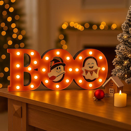 Halloween Decorations Indoor, Nightmare before Christmas Decor, Wooden 3 LED Marquee Light up Letters BOO Sign, Halloween Lights Decor for Home Kitchen Tabletop Fireplace Mantel Party