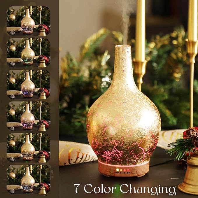 Porseme Gold Plated Essential Oil Diffuser Glass Aromatherapy Ultrasonic Humidifier, Auto Shut-Off,Timer Setting, BPA Free,Aroma Decoration for Home,Office,Gym,Spa,Premium Gift 150ml