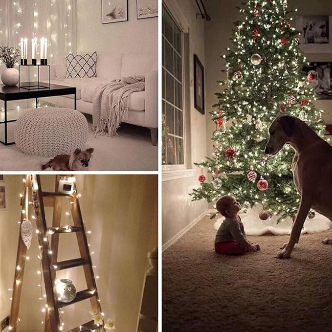Christmas String Lights,33FT 100 LEDs White Chritsmas Tree Lights Indoor Connectable String Light Clear Wire 8 Modes Plug in for Room Tree Wedding Decoration