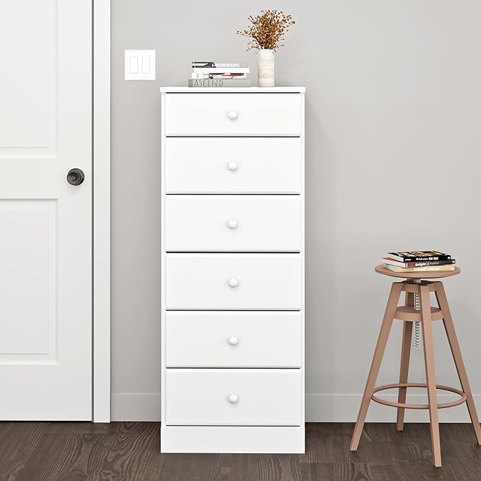 Prepac Astrid Tall White Dresser: 16.5"D x 19.75"W x 50"H, 6-Drawer Chest for Bedroom by Prepac - Perfect Chest of Drawers for Ample Storage