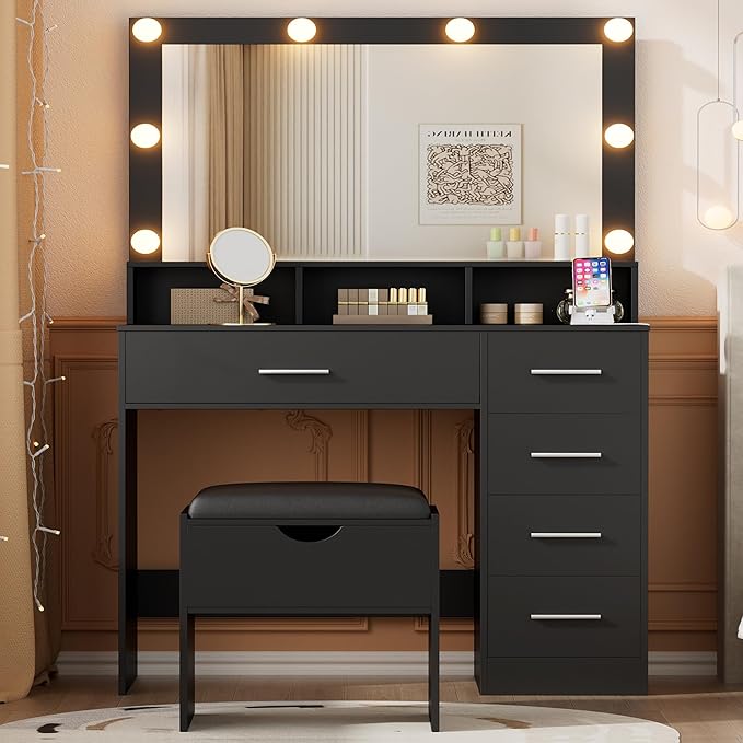 Vanity Desk with Mirror and Lights, 35.43" Large Mirror Makeup Table with Stool, 5 Drawers Dressing Table for Girls and Ladies Bedroom, Black