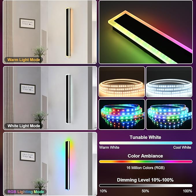 2 Pack RGB LED Outdoor Long Wall Lights,24 inch Modern Outdoor Light Fixture,Dimmable Exterior Linear Lighting Fixtures,RGB Long Linear Wall Light with Control Remote for Patio,Porch,Garage