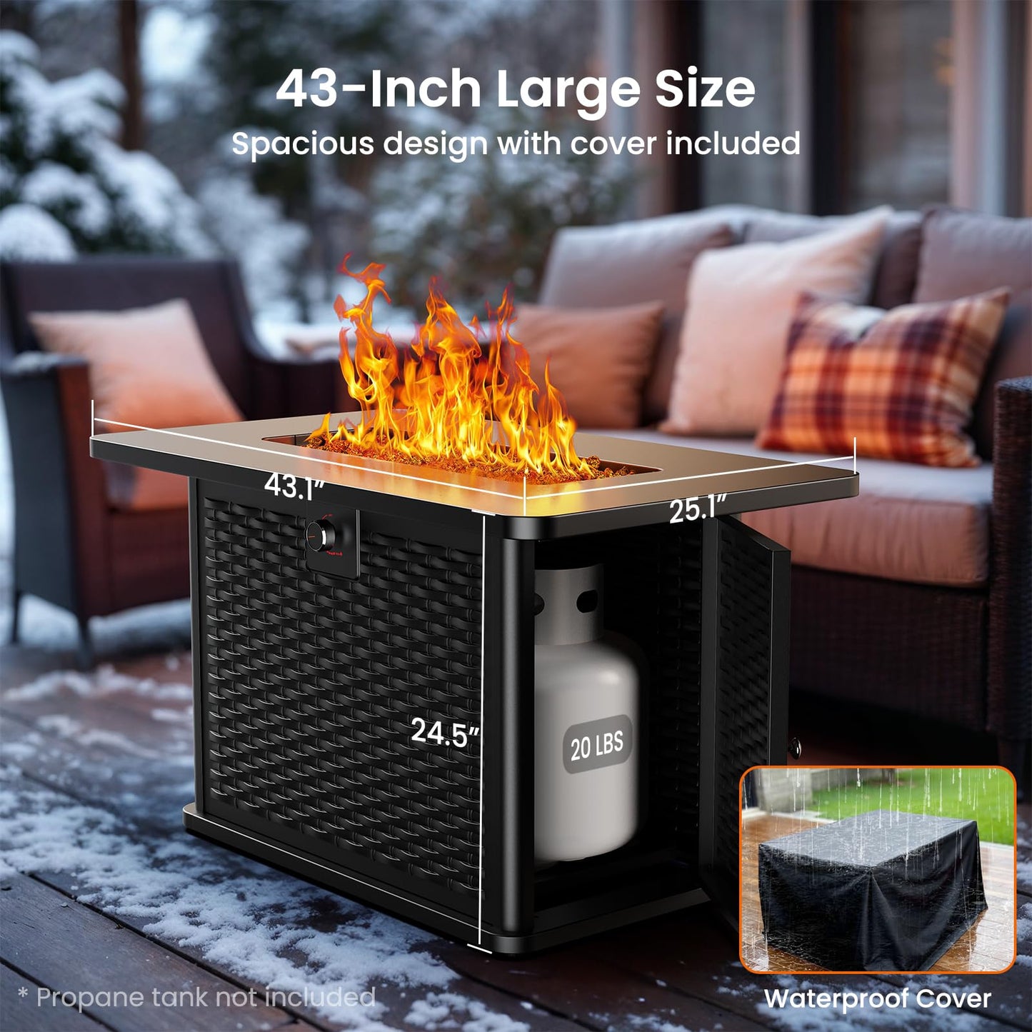 AMADA HOMEFURNISHING 43 Inch Propane Fire Pit Table, 60,000 BTU Gas Fire Pit with Lava Rocks, Waterproof Cover, Removable Lid, Cup Holders, 2-in-1 Fire Table for Patio, Backyard, Garden, Black