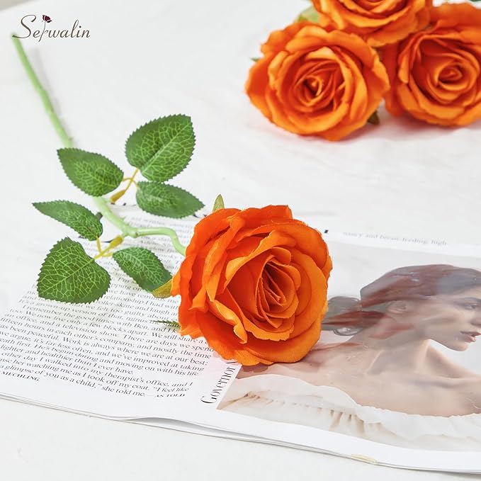 Serwalin 20pcs 4'' Big Orange Artificial Roses, Large Flower Head Silk Rose Velvet Real Touch, Fake Roses Long Stems Realistic Bouquet for Wedding, Table Centerpiece Home Decor