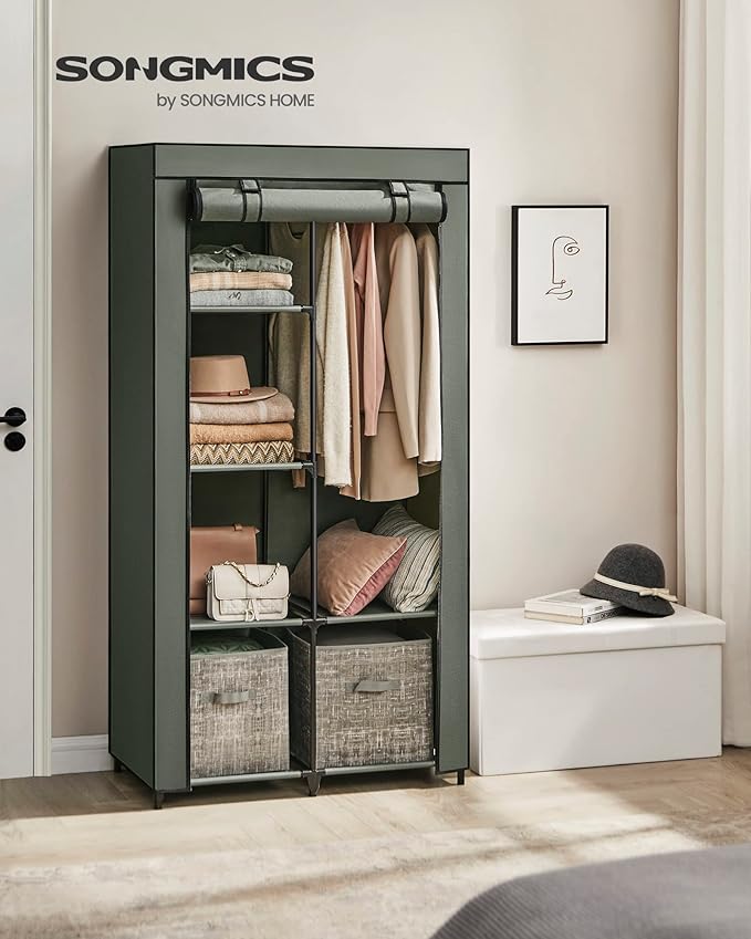SONGMICS Portable Closet, 34.6 Inch Large Capacity Wardrobe Closet Organizer with Fabric Cover, Hanging Rods and Shelves, 34.6 x 17.7 x 66.1 Inches, for Bedroom, Living Room, Sage Green URYG084C02