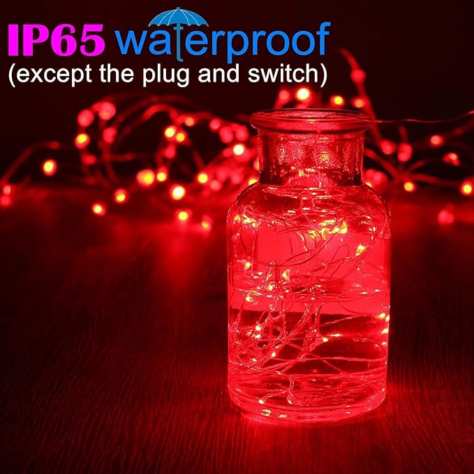 RUICHEN Plug in Fairy Lights with Switch, Waterproof 66 Ft 200 LED Silver Wire Starry String Firefly Lights for Bedroom, Patio, Garden, Balcony, Dorm, Red