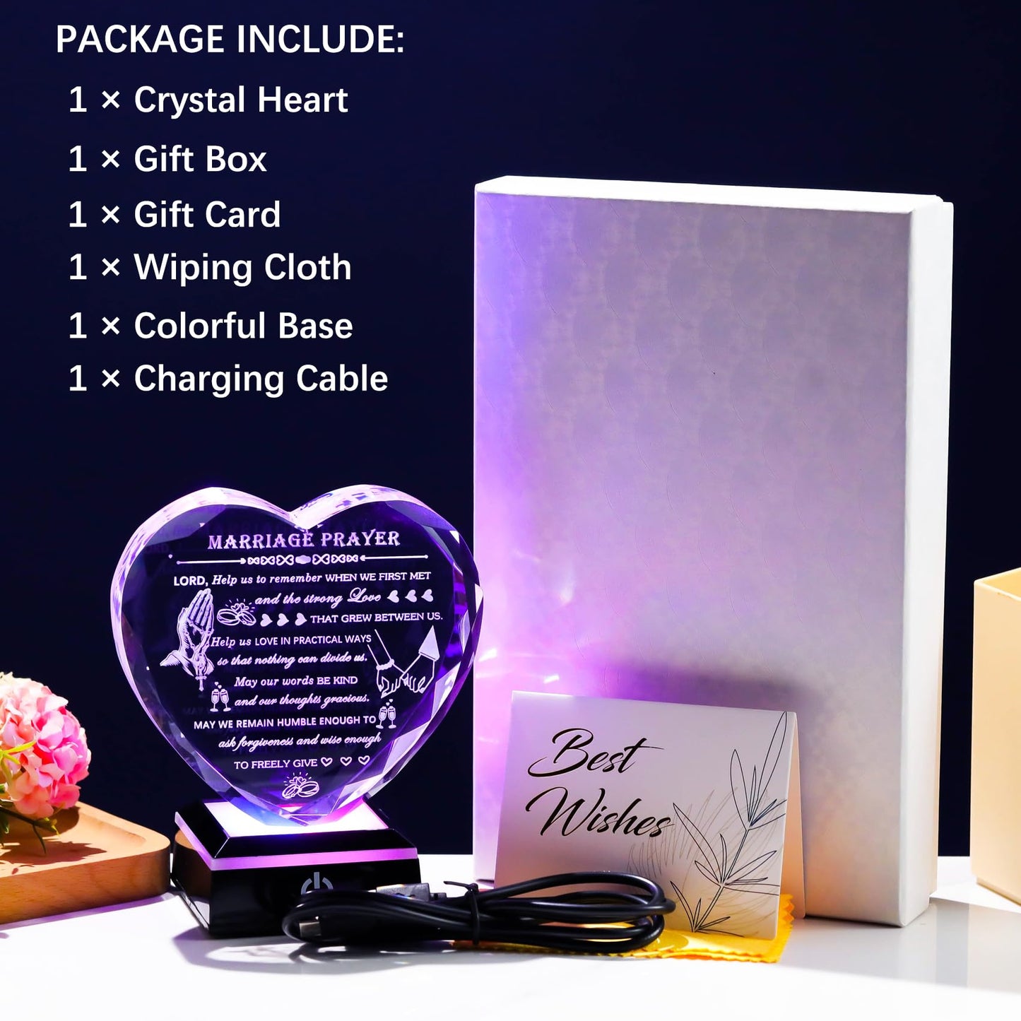 Arikyrist Wedding Gifts for Couples 2025 with Colorful LED Base Heart Happy Anniversary Marriage Prayer Gift with Inspiring Quotes Unique Newlywed Mr and Mrs Engagement Gift Bridal Shower Gifts