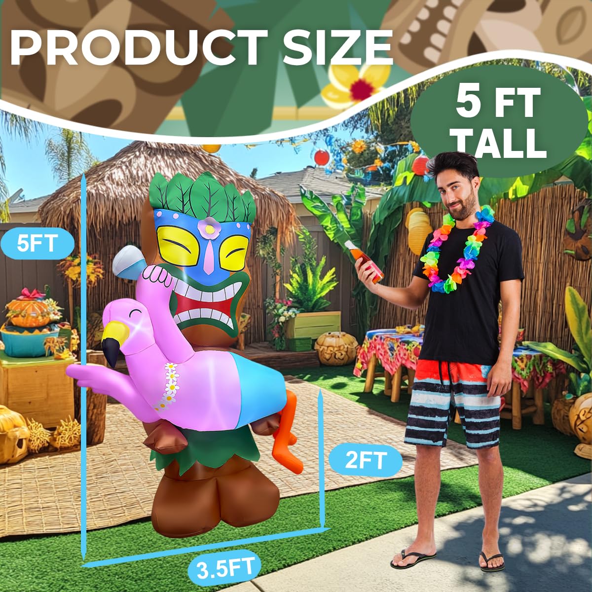 bbioc 5FT Tiki Luau Inflatables Decorations, Tiki Holding Flamingo Blow up Party Beach Decor Hawaiian Party Giant Yard Decoration, Outdoor Built-in LED Lights Lawn Holiday Summer Tropical Outside