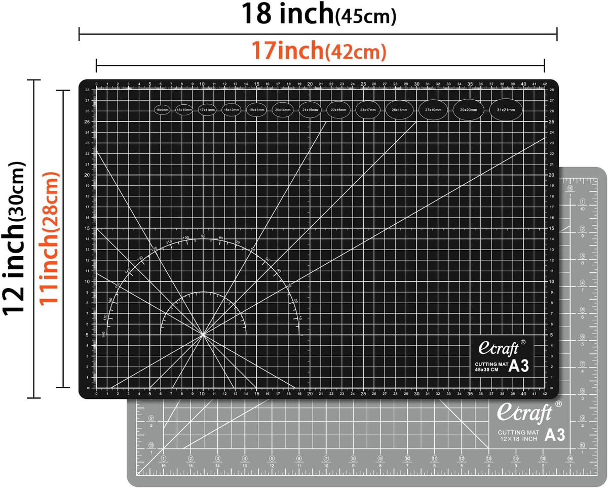 Ecraft Self Healing Cutting Mat:18"x12" Double Sided 5-Ply Hobby Mat, A3 Rotary Cutting Sewing Mat for Crafts, Fabric,Sewing,Quilting,Scrapbooking,Projects,Grey/Black