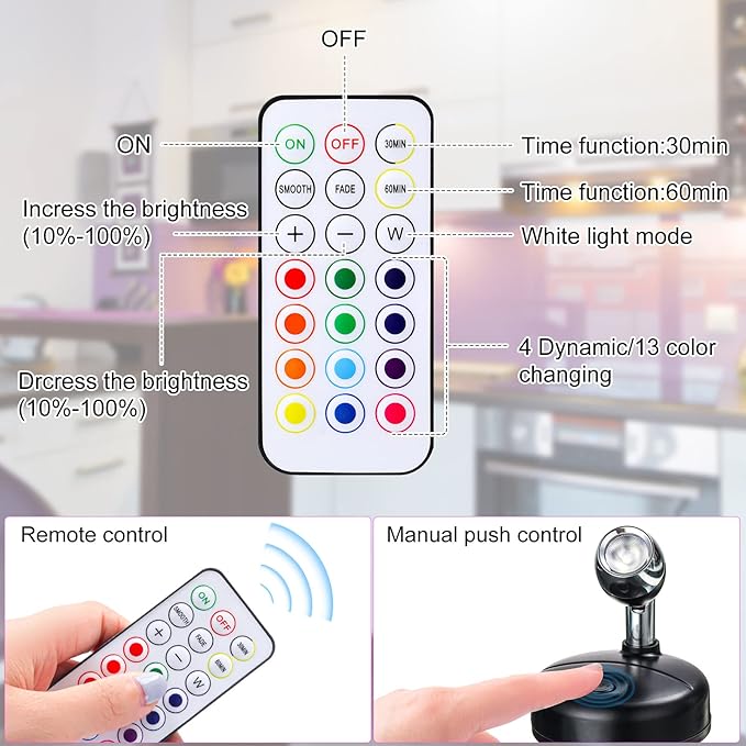 Hortsun 6 Pieces Battery Operated Spotlights Indoor LED Wireless Spotlight Indoor 13 Color up Lights with Rotatable Light Head Stick on Wall Hallway for Painting Picture Artwork Closet (Black)
