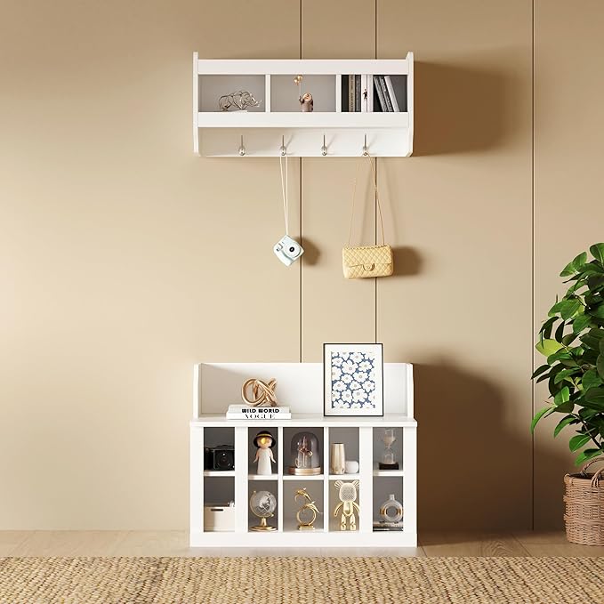 Hall Tree Entryway Coat Rack Shoe Storage Bench with Shelves and 4 Hooks, Modern Elegant Hall Tree with Wall Mounted Coat Rack, Entryway Organizer for Entryways, Mudroom (White)