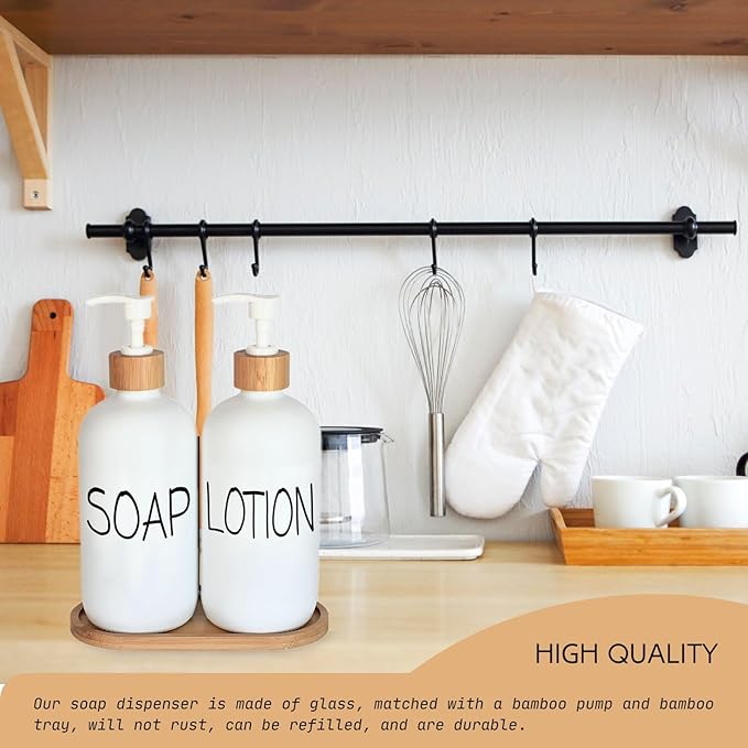 White Soap Dispenser Bathroom Set, Set with Glass Dispenser, Bamboo Pumps & Tray. Hand and Lotion Suitable for Farmhouse Decor