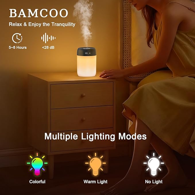 Portable Small Humidifier, 650ml Colorful Mini Humidifier for Bedroom, Office Desktop, Baby Room, Plants, Cool Mist Humidifiers(Black)
