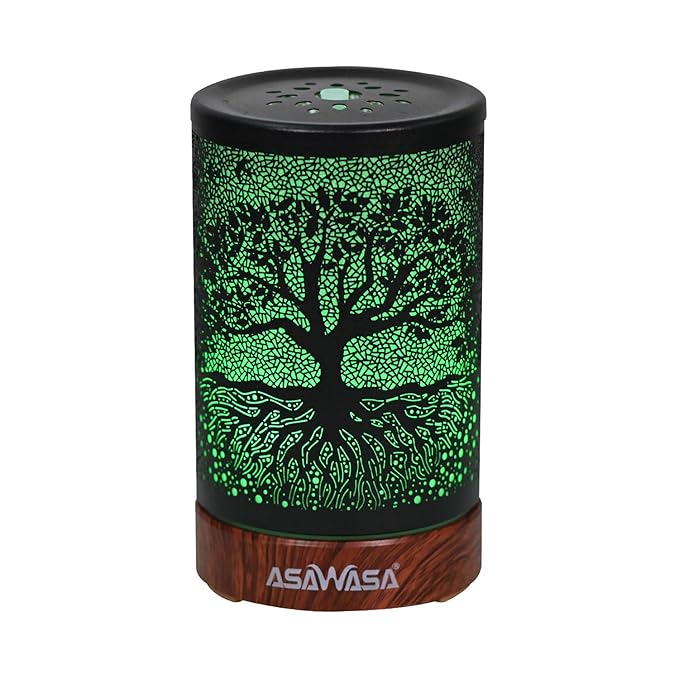 ASAWASA Diffusers for Essential Oils, Essential Oil Diffuser with Waterless Auto Shut-Off, Metal Art Aromatherapy Humidifier with Multicolor Changed Night Light,Ideal for Home Gifts Spa Yoga (Banyan)
