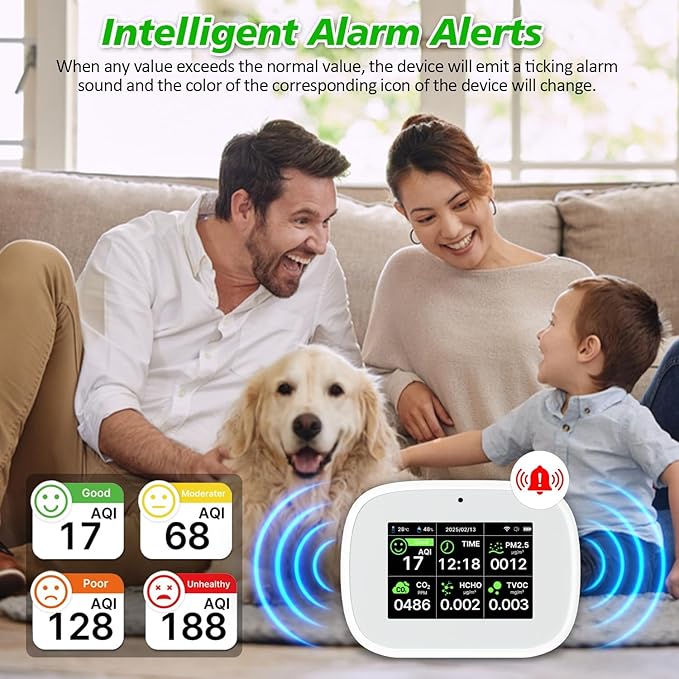 18-in-1 Smart Air Quality Monitor - Indoor WiFi Air Quality Detector with Dual Chip, Real-Time for AQI, CO2, PM2.5, PM1.0, PM10, TVOC, HCHO, Time, Temperature & Humidity with APP (White-Black)