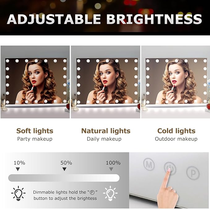 27.5"x 21.6" Vanity Mirror Makeup Mirror with Lights,10X Large Hollywood Lighted Vanity Mirror with 22 Dimmable LED Bulbs,3 Color Modes,Touch Control for Bedroom,Tabletop or Wall-Mounted