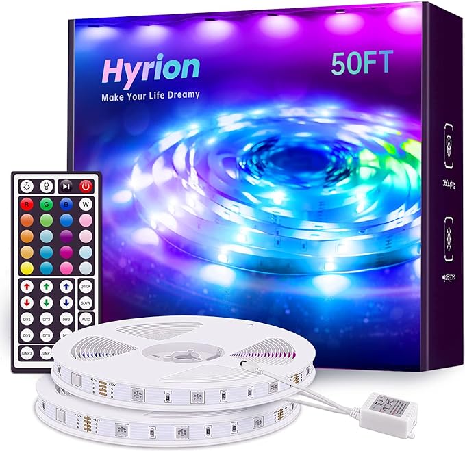 hyrion 50 ft LED Strip Lights SMD 5050 Led Lights Strip with 44 Keys Remote, 12 Volt Dimmable RGB Color Changing Tape Lighting for Bedroom,Living Room,Kitchen,Home Decor