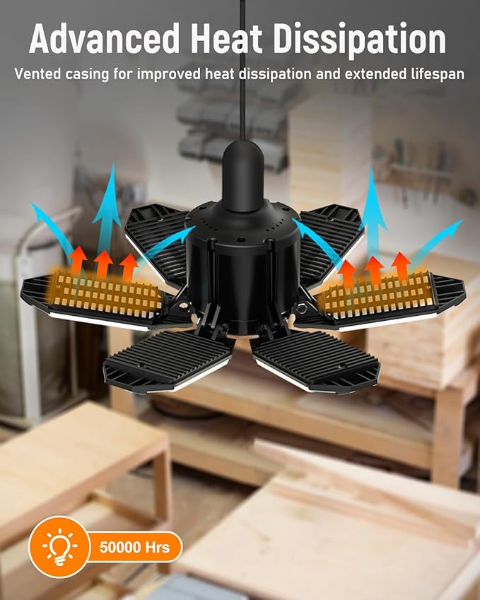 Adiding LED Garage Ceiling Light w/ 6 Deformable Panels Basement Lighting, 6 Pack, Screw into E26 E27 Bulb Socket, Beyond Bright 6000Lm High Lumen, Shop, Shed, Gym, Attic, Utility, Daylight 6500K