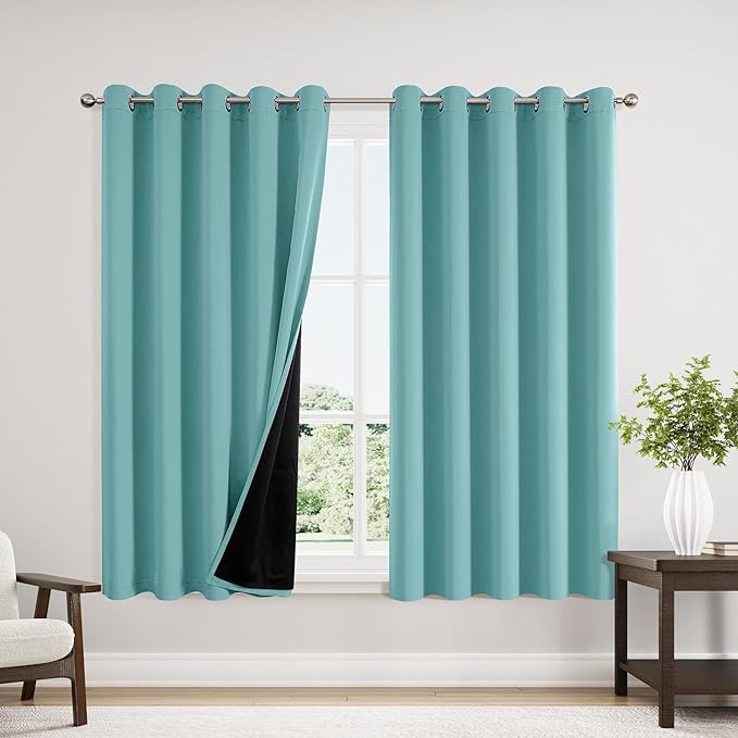 ChrisDowa 100% Blackout Curtains 63 inch Long for Bedroom with Black Liner, Extra Wide 2 Thick Layers Total Blackout Thermal Insulated Grommet Window Curtains 2 Panels Set (Aqua, 60 x 63 Inch)