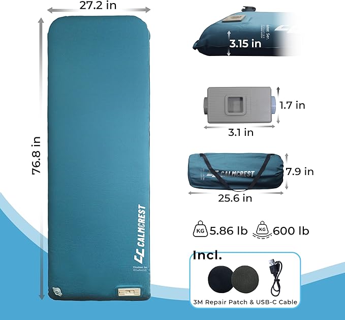 Self Inflating Sleeping Pad with Electric Air Pump, 3.15" Thick Foam Camping Mattress, Fast Inflation & Deflation, 9.5 R-Value 4-Season Insulated Sleeping Mat for Tent, Car Travel, and Indoor Use-Blue